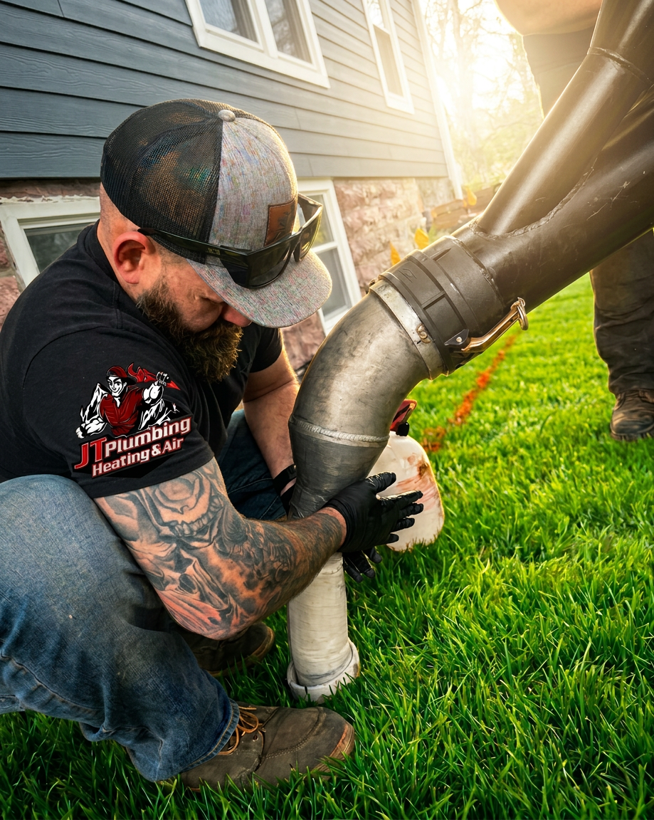 JT technician making a pipe connection outside