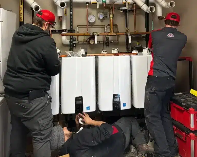 JT Plumbing Heating & Air tech installing tankless water heaters in Fort Collins.