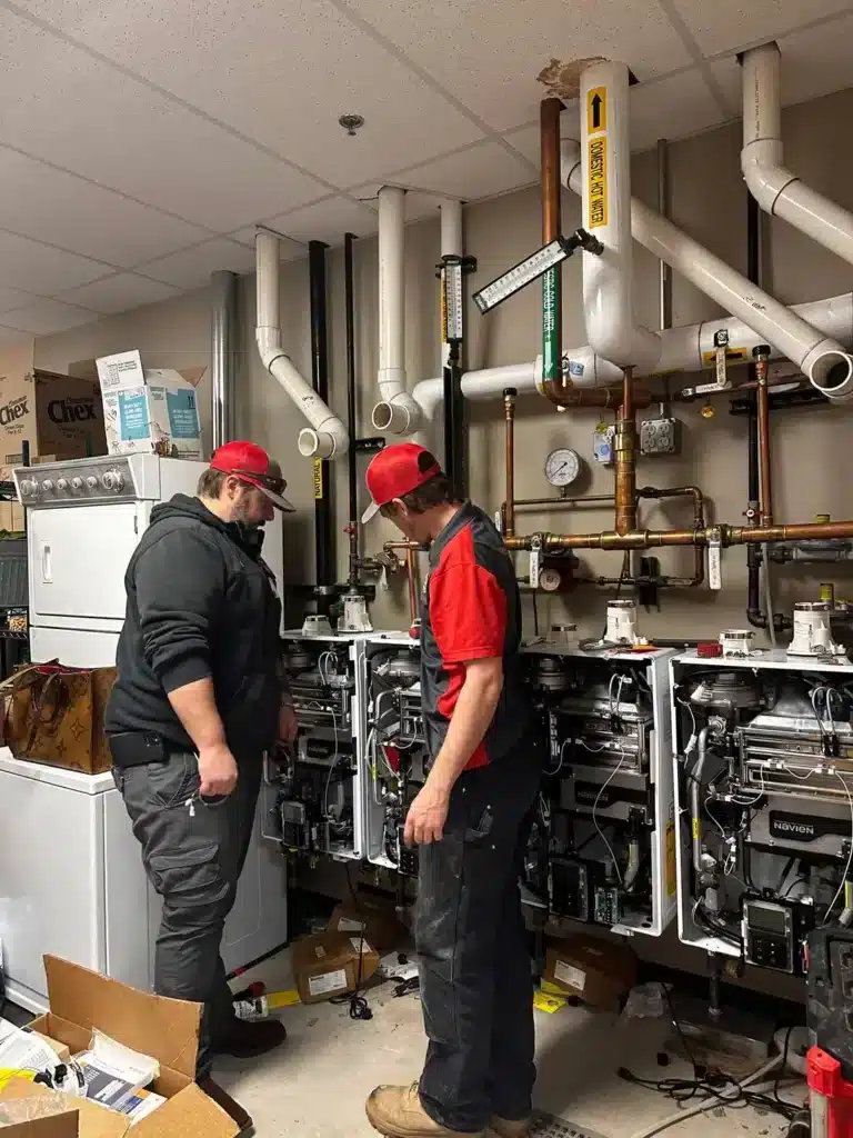 JT Plumbing Heating & Air techs working on tankless water heaters in Fort Collins.