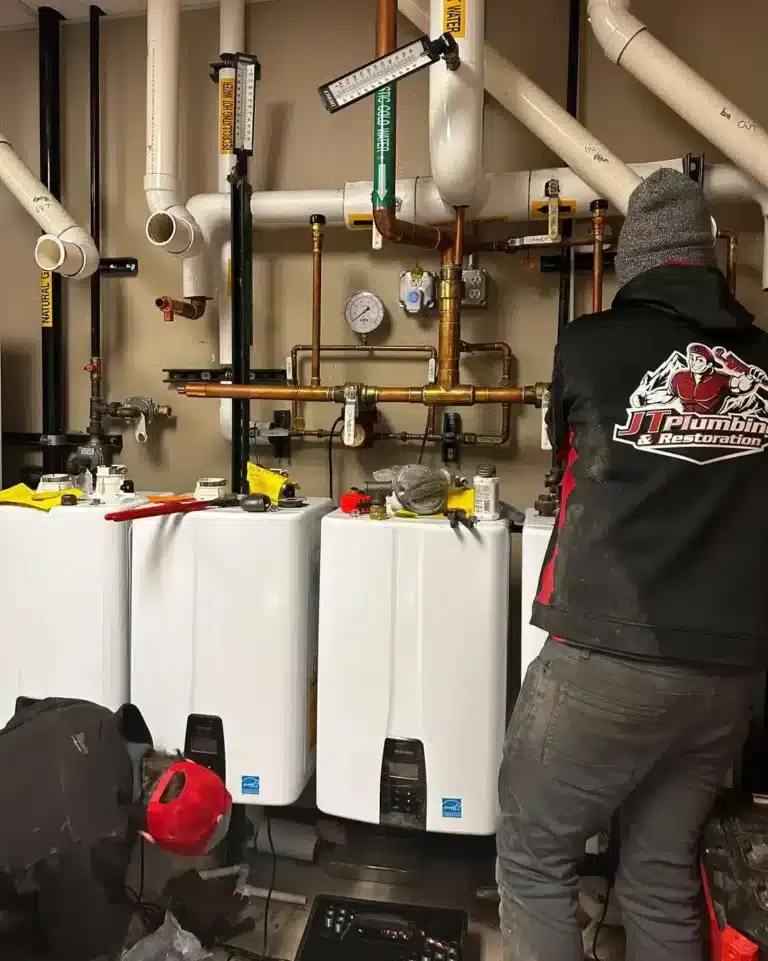 JT Plumbing Heating & Air techs working on tankless water heaters in Fort Collins.